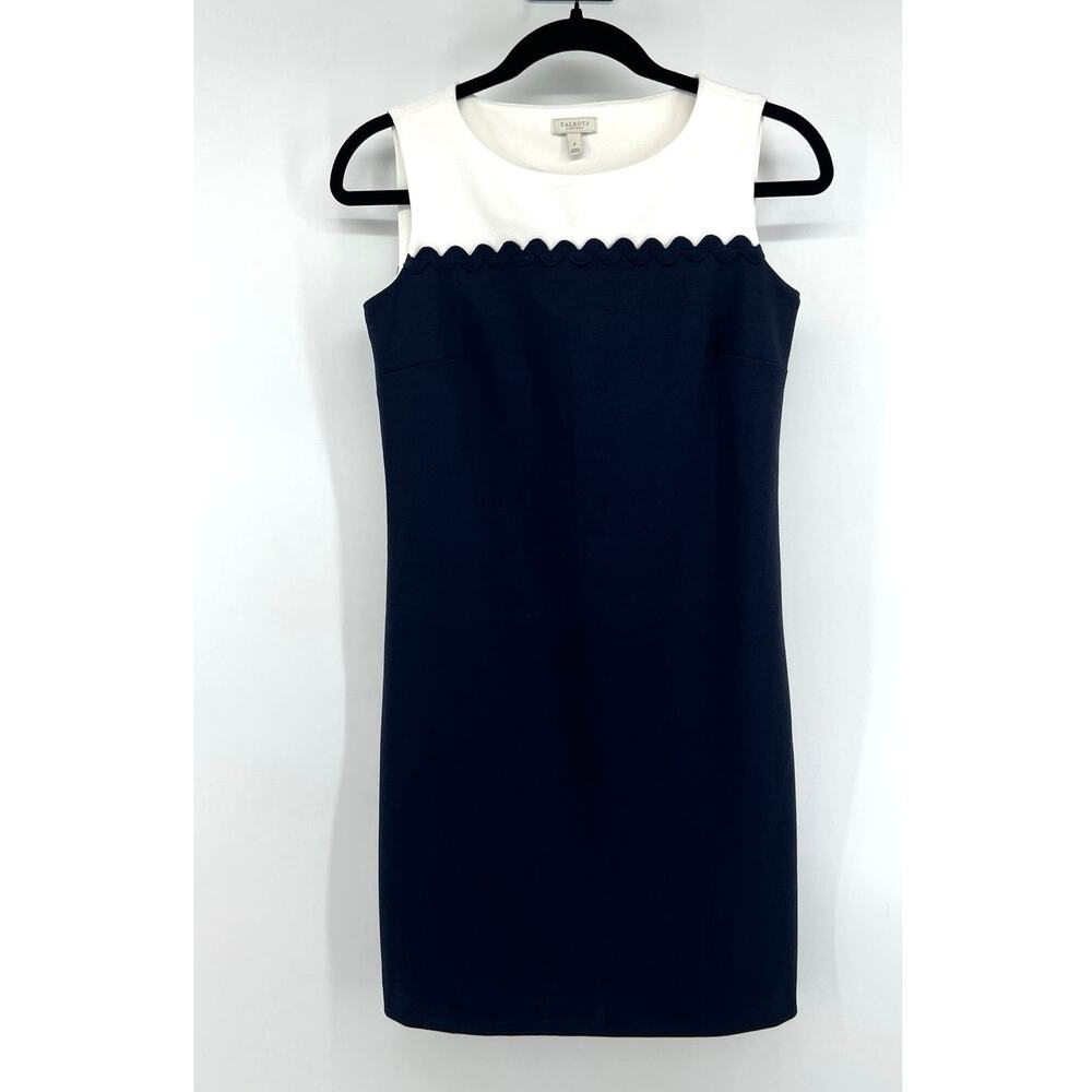 Talbots Women's Sleeveless Shift Dress Size S Navy White Scallop Color Block